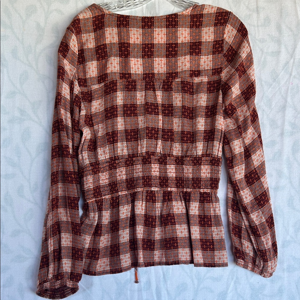 Anthropologie Burgundy and Cream Plaid Blouse - Picture 2 of 8